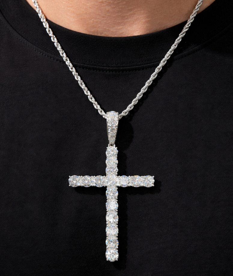 Moissanite Cross Pendant Fully Iced | VVS D Color Colorless | 925 Sterling Silver