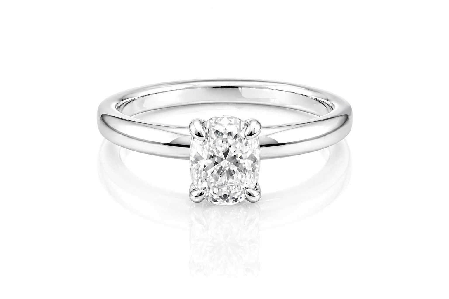 Oval Moissanite Solitaire Engagement Ring 1CT | GRA Certified featuring a sparkling oval-cut stone set on a polished silver band, perfect for elegant and timeless engagement jewelry.