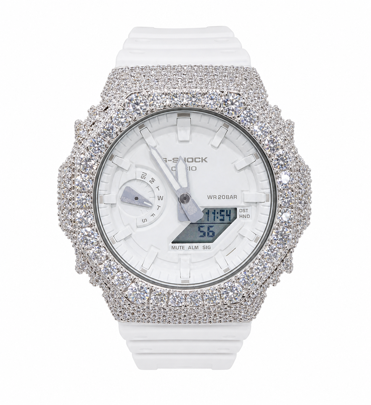 Iced out white G-Shock moissanite watch 925 sterling silver bezel 11 carat VVS D Color GRA certified passes diamond tester Paradise Gems Atlanta