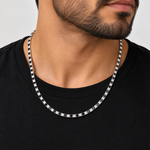 Black and white moissanite tennis chain worn on neck, alternating black and VVS D color stones