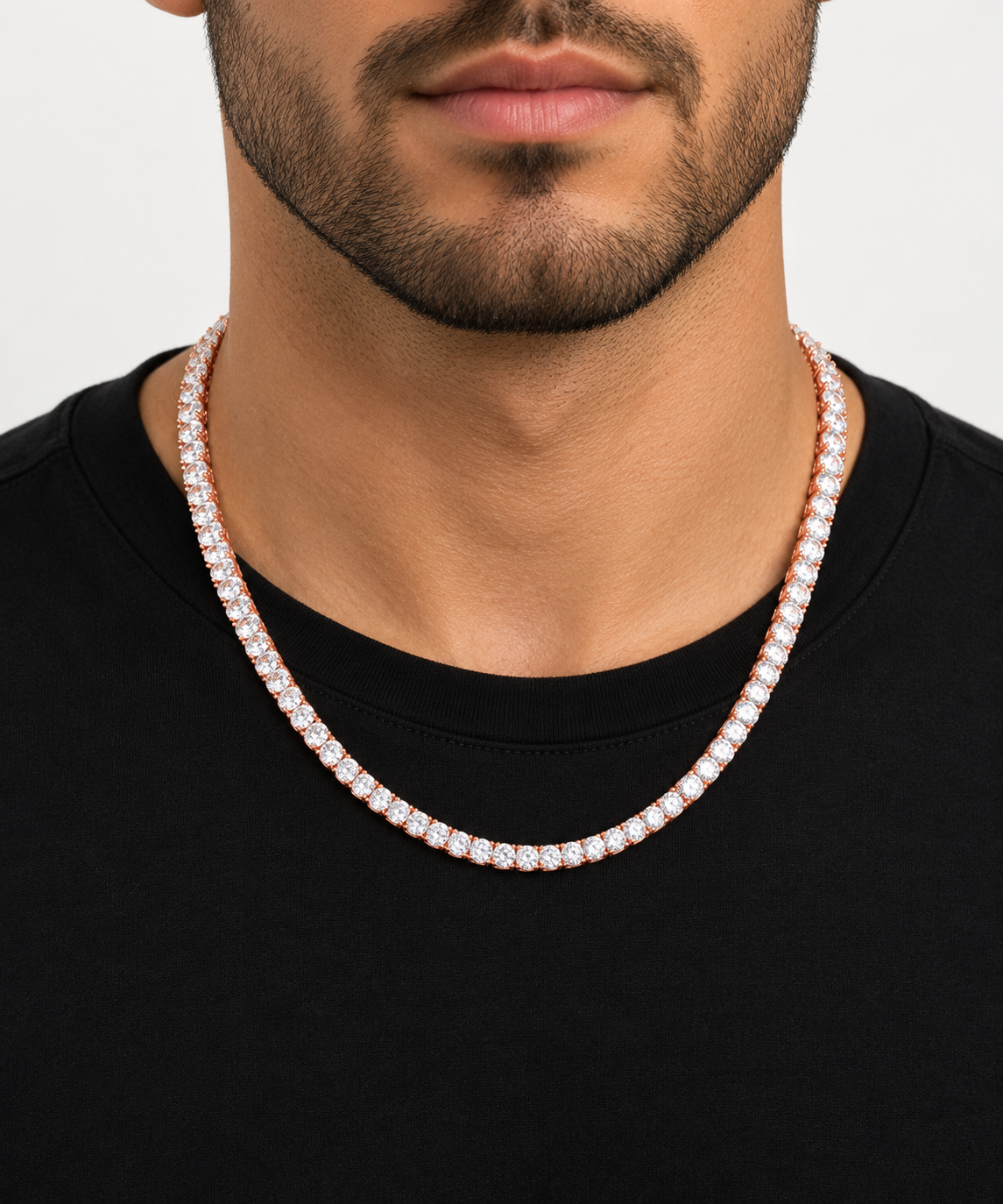 5mm moissanite tennis chain in rose gold plated 925 silver worn on neck, VVS D color