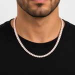 5mm moissanite tennis chain in rose gold plated 925 silver worn on neck, VVS D color