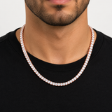 5mm moissanite tennis chain in rose gold plated 925 silver worn on neck, VVS D color