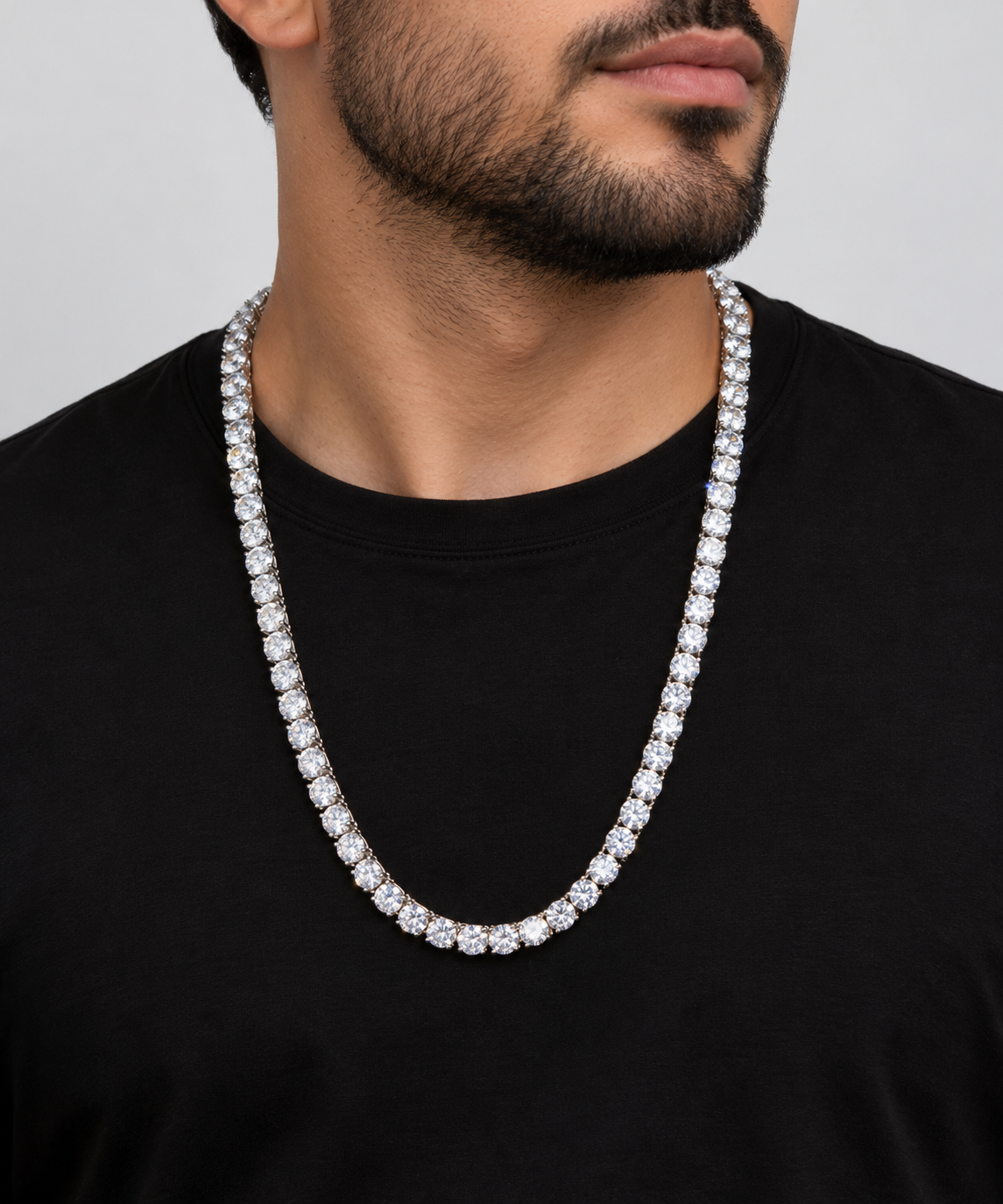 6mm moissanite tennis chain in 925 sterling silver worn on neck, VVS D color GRA certified