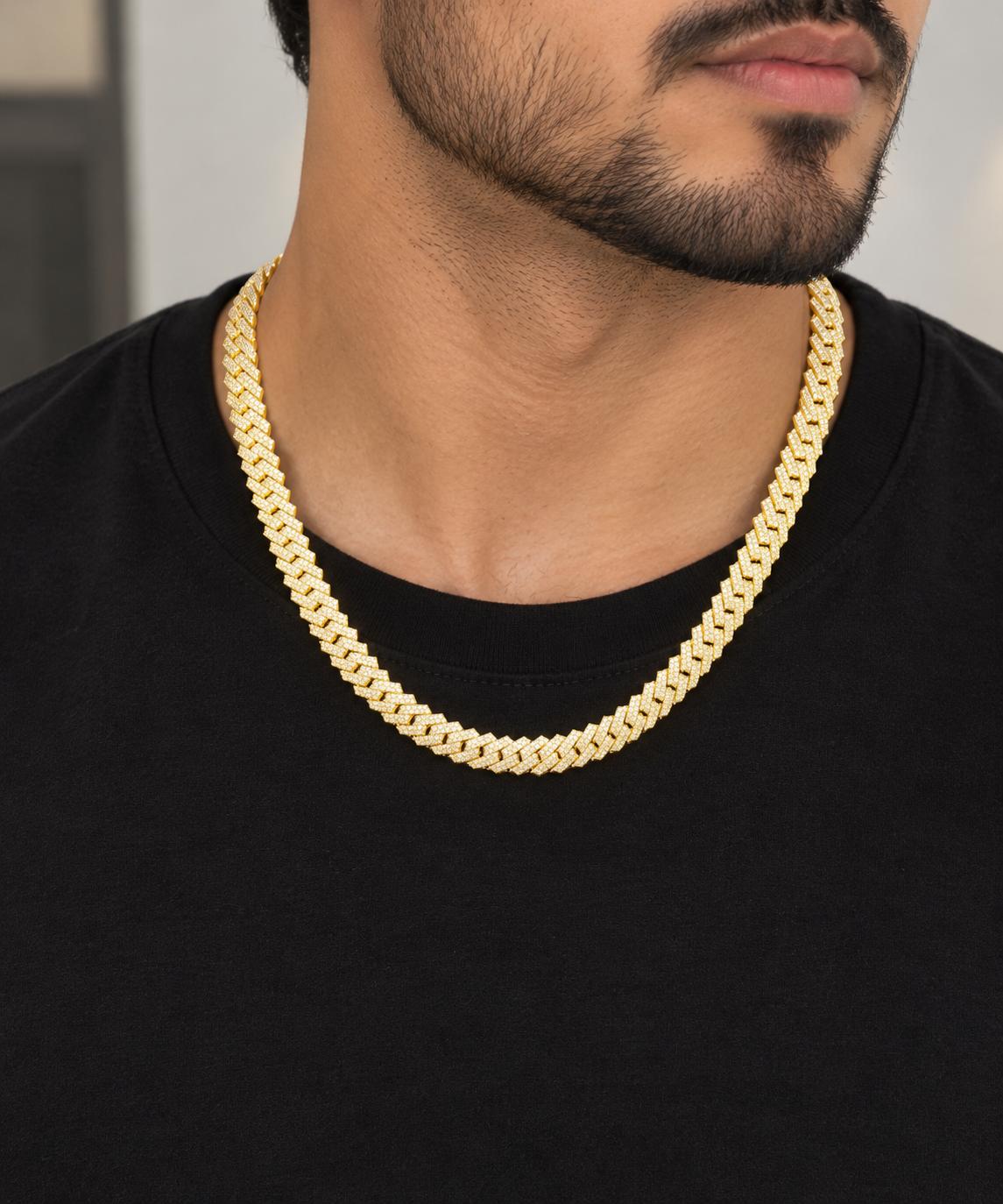 8mm moissanite Cuban link chain in 14K gold plated 925 silver worn on neck, VVS D color GRA certified