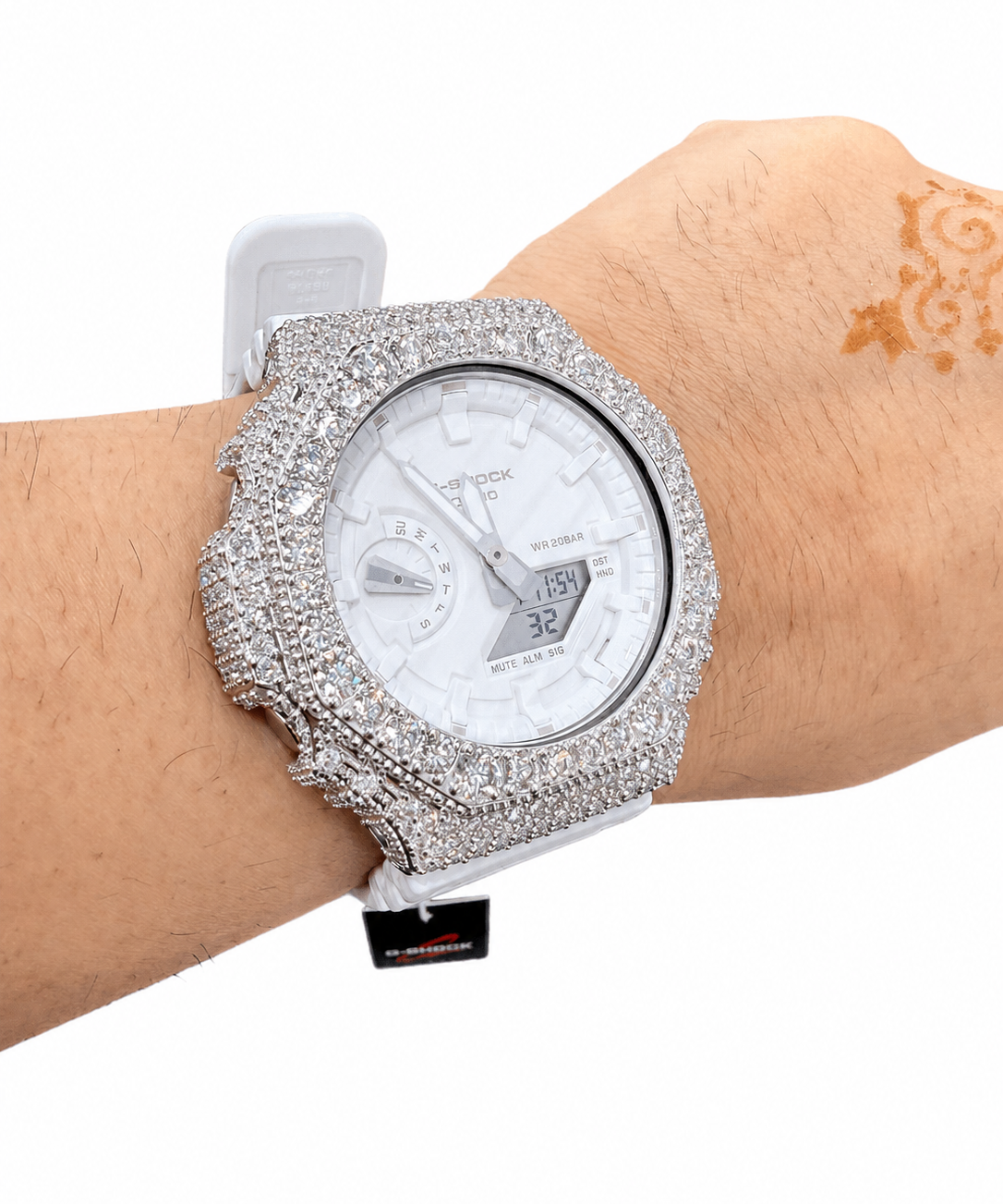 Iced Out White G-Shock Moissanite Watch | 925 Silver or Brass Bezel