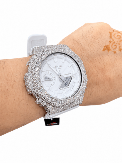 Iced Out White G-Shock Moissanite Watch | 925 Silver or Brass Bezel