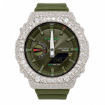 Iced out olive green G-Shock Tough Solar Bluetooth moissanite watch 925 sterling silver bezel 11 carat VVS D Color GRA certified Paradise Gems Atlanta