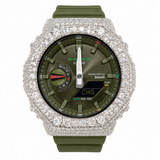 Iced out olive green G-Shock Tough Solar Bluetooth moissanite watch 925 sterling silver bezel 11 carat VVS D Color GRA certified Paradise Gems Atlanta