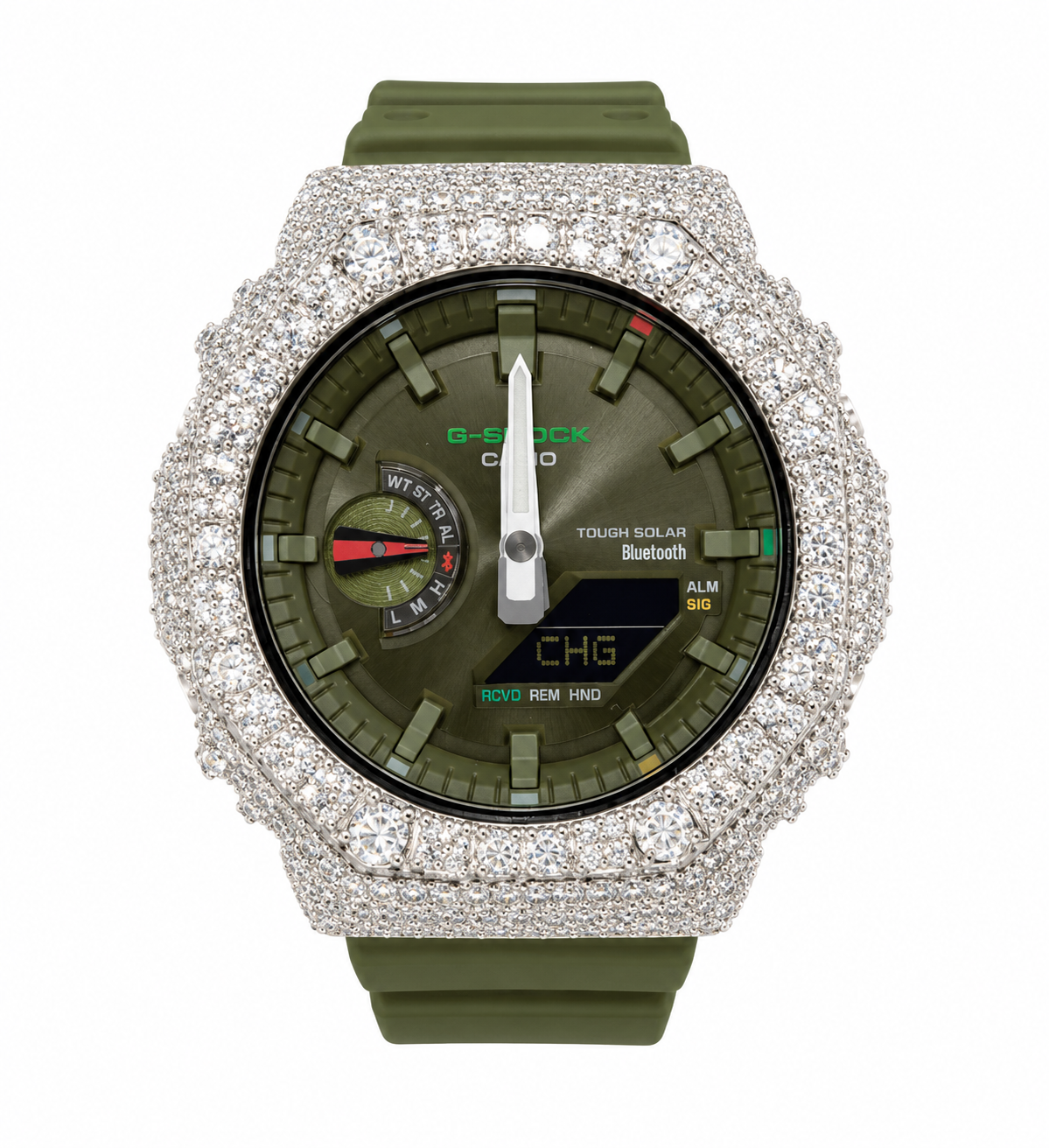 Iced out olive green G-Shock Tough Solar Bluetooth moissanite watch 925 sterling silver bezel 11 carat VVS D Color GRA certified Paradise Gems Atlanta