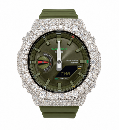Iced out olive green G-Shock Tough Solar Bluetooth moissanite watch 925 sterling silver bezel 11 carat VVS D Color GRA certified Paradise Gems Atlanta