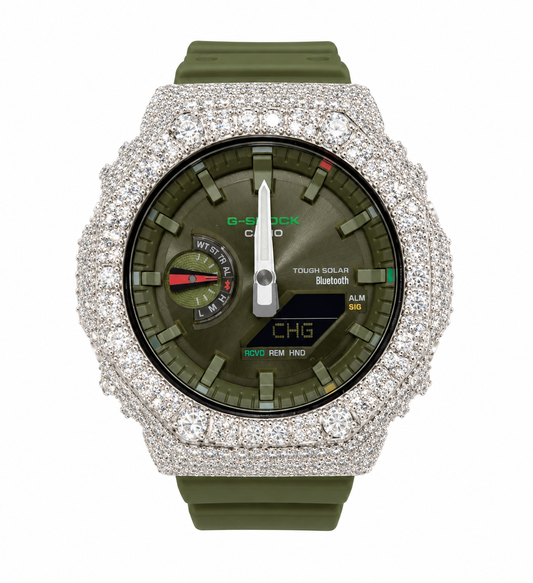 Iced out olive green G-Shock Tough Solar Bluetooth moissanite watch 925 sterling silver bezel 11 carat VVS D Color GRA certified Paradise Gems Atlanta