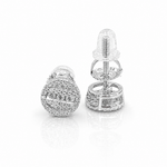 Pair of 1 CTW round moissanite pavé cluster stud earrings in sterling silver on white background