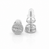 Pair of 1 CTW round moissanite pavé cluster stud earrings in sterling silver on white background