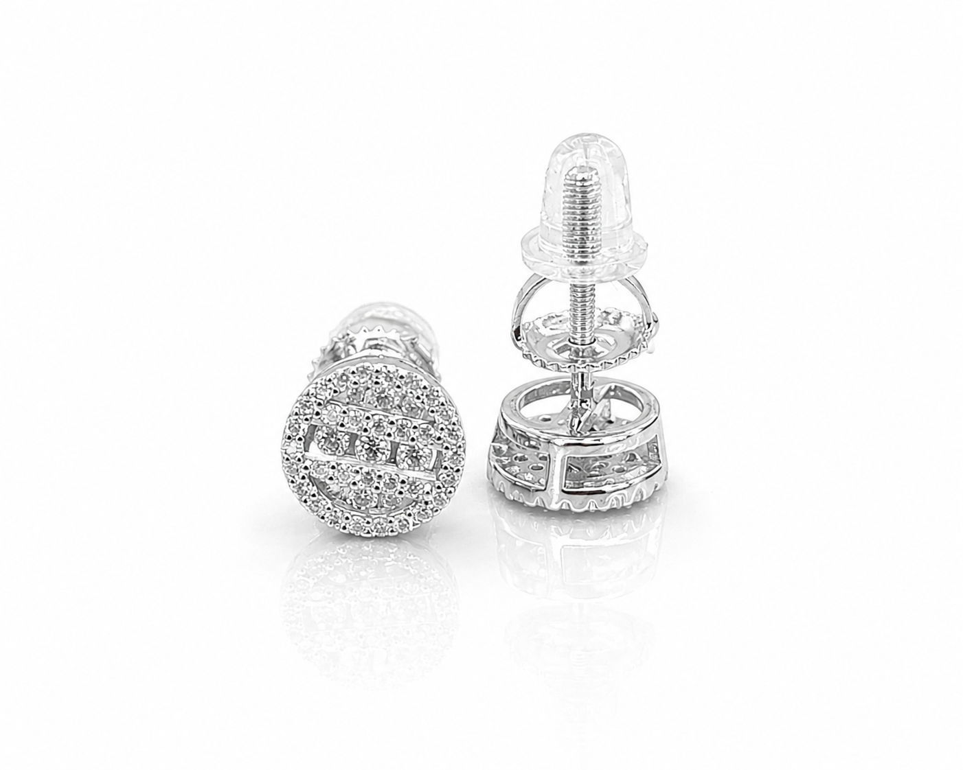 Pair of 1 CTW round moissanite pavé cluster stud earrings in sterling silver on white background