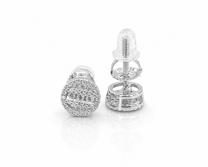 Pair of 1 CTW round moissanite pavé cluster stud earrings in sterling silver on white background