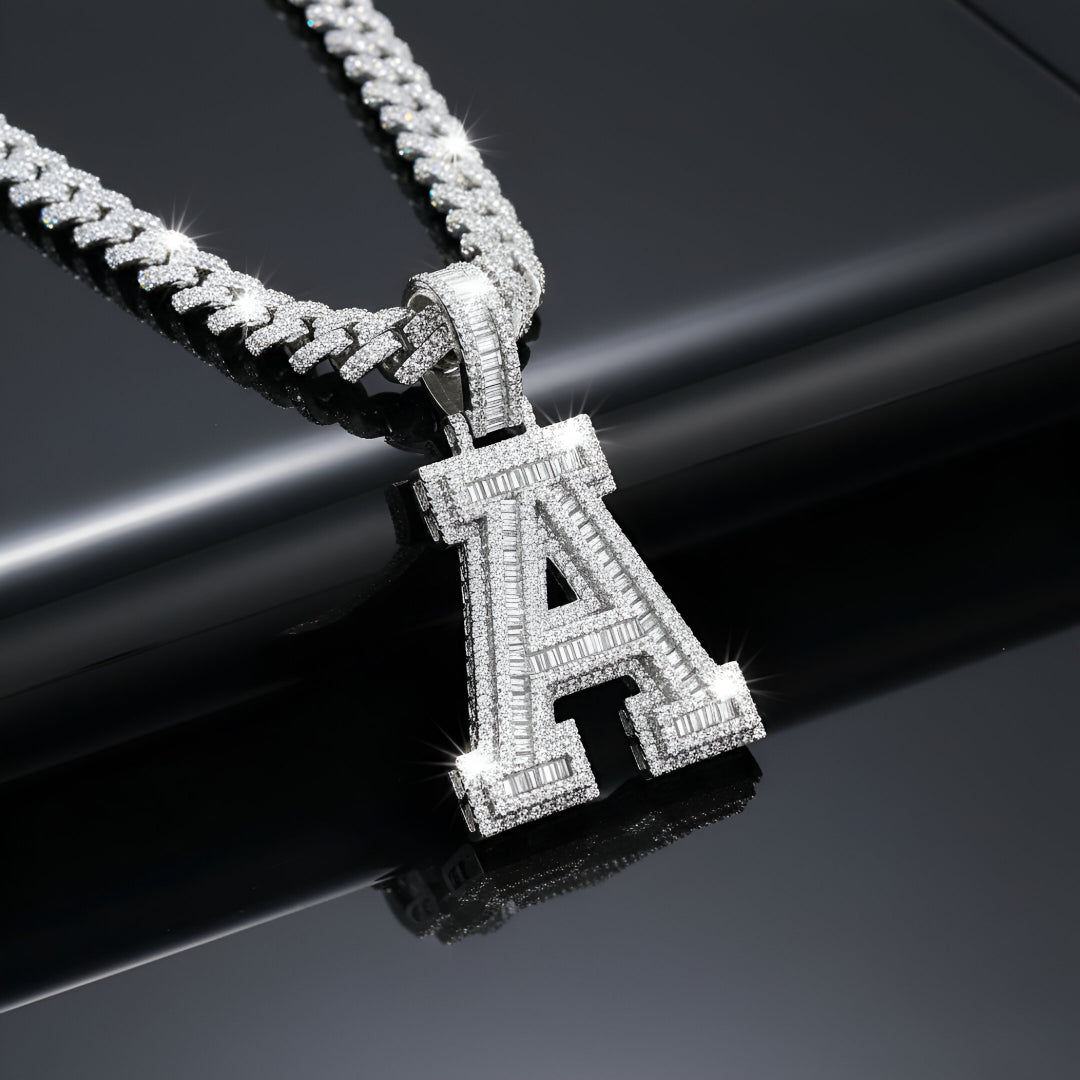 A-Z Letter Initials Baguette Style - Alphabet charm with Moissanite Diamond VVS D Color with 925 Silver 3.50 CARAT | PASSES DIAMOND TESTER!!