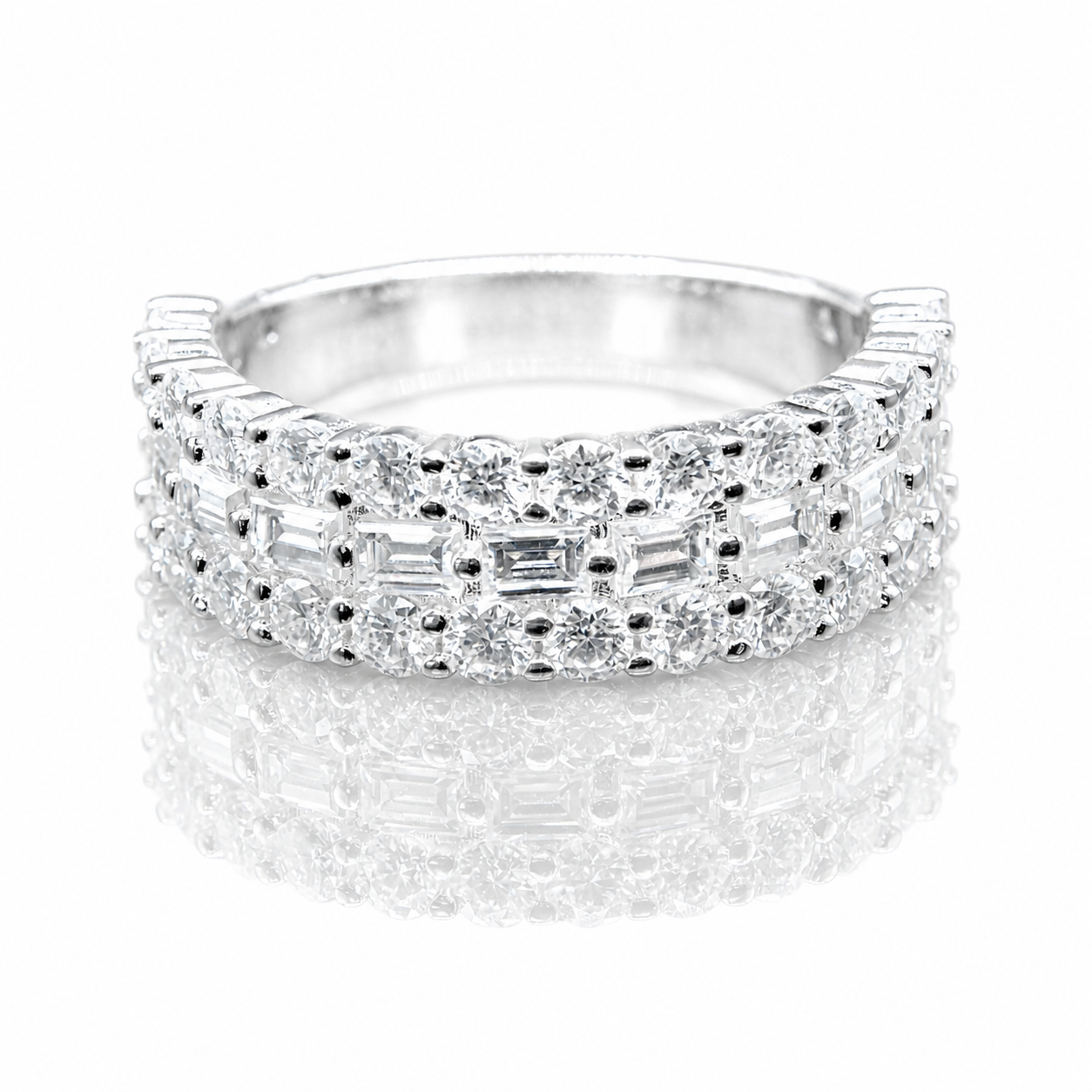 3-Row Moissanite Baguette Half Eternity Band | GRA Certified featuring sparkling baguette and round cut stones set in a sleek polished band for elegant women’s jewellery.