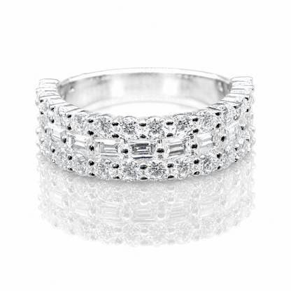 3-Row Moissanite Baguette Half Eternity Band | GRA Certified featuring sparkling baguette and round cut stones set in a sleek polished band for elegant women’s jewellery.
