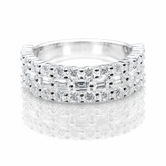 3-Row Moissanite Baguette Half Eternity Band | GRA Certified featuring sparkling baguette and round cut stones set in a sleek polished band for elegant women’s jewellery.
