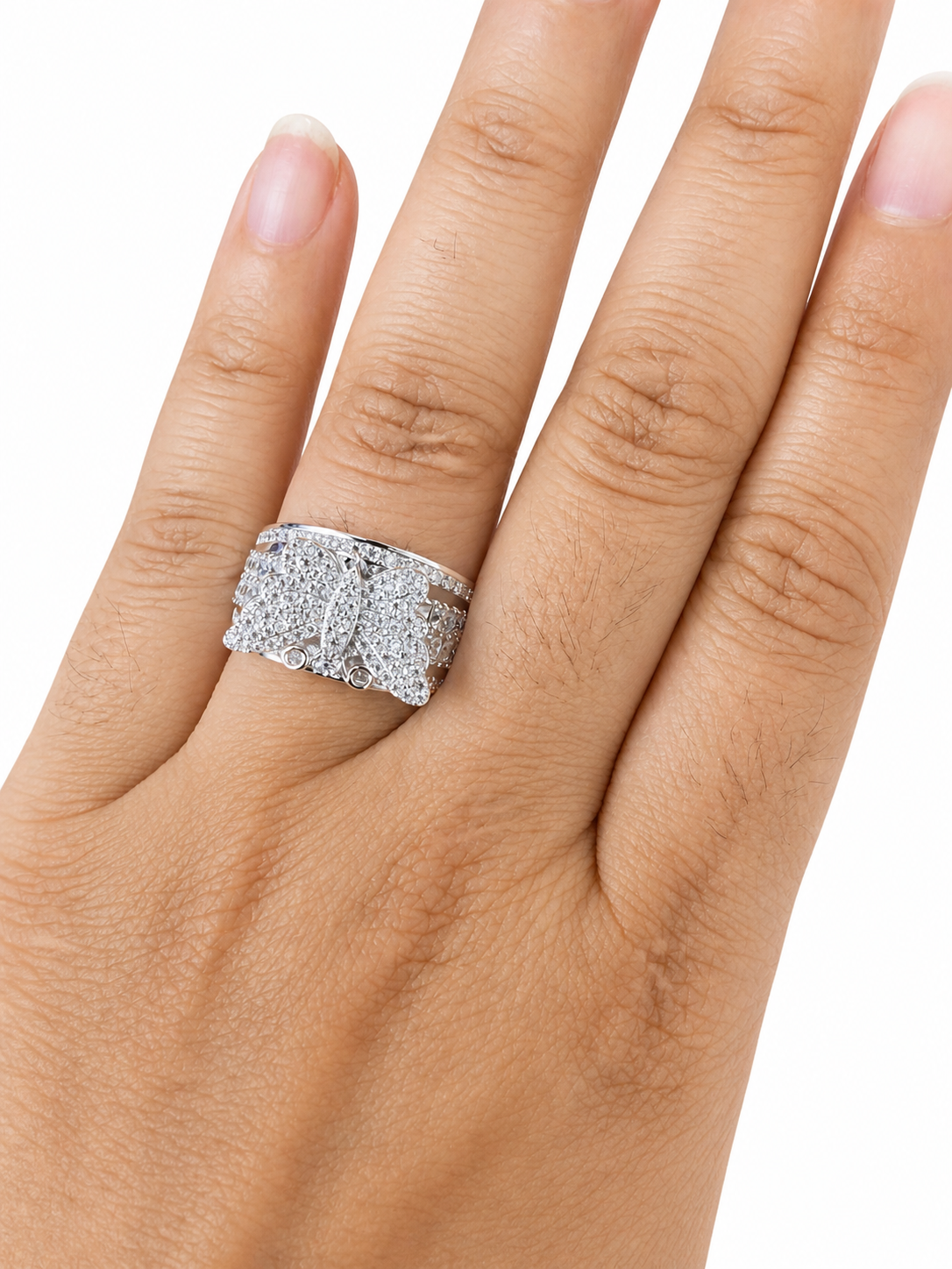 Moissanite butterfly pavé wide band ring in 14K white gold by Paradise Gems Atlanta"