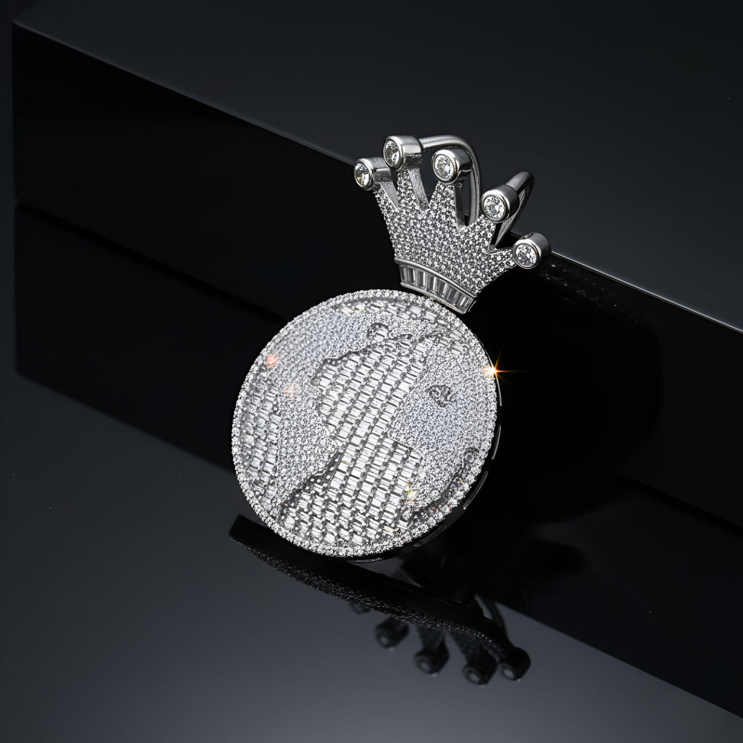 Globe World with Crown Bale Ice Out Moissanite Diamond VVS D Color |925 silver | PASS DIAMOND TESTER!!!