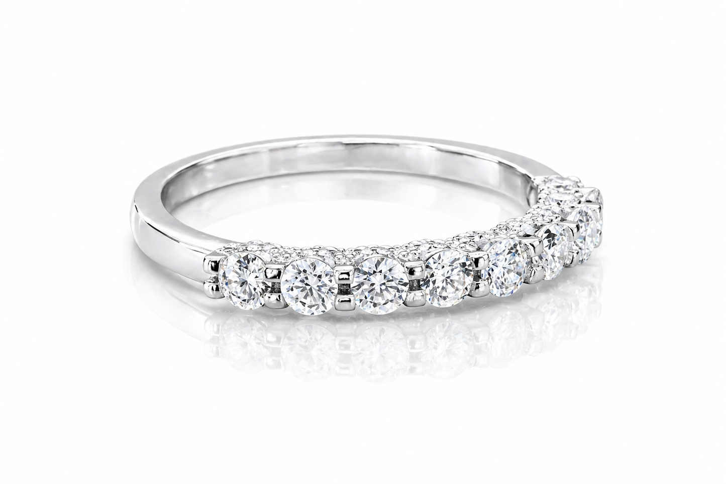 U-Prong Moissanite Half Eternity Wedding Band – 1CT VVS1 D Color | 925 Sterling Silver | GRA Certified, featuring brilliant round stones set in a sleek half eternity design.