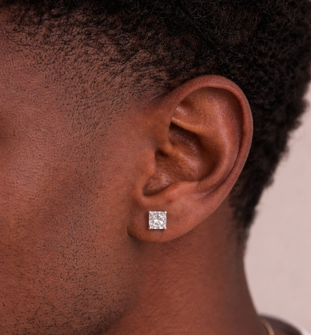 Moissanite Princess Cut Stud Earrings for Men Women — VVS D Color GRA Certified 925 Silver Screw Back