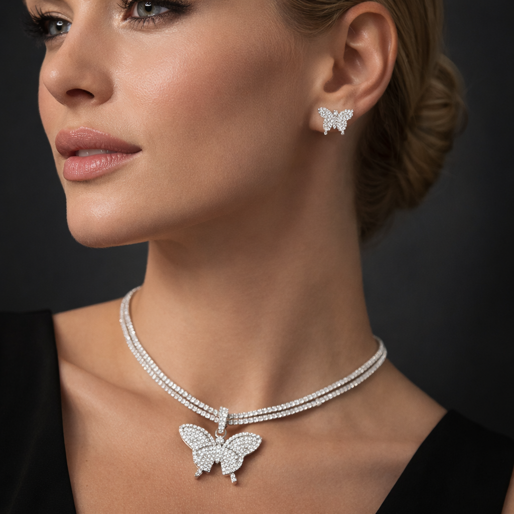 3 Carat Butterfly Moissanite Necklace and Earrings Jewelry Set