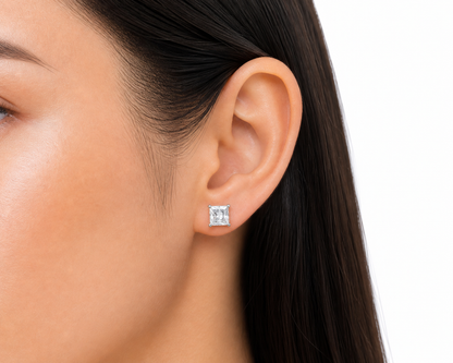 Moissanite Princess Cut Stud Earrings for Men Women — VVS D Color GRA Certified 925 Silver Screw Back