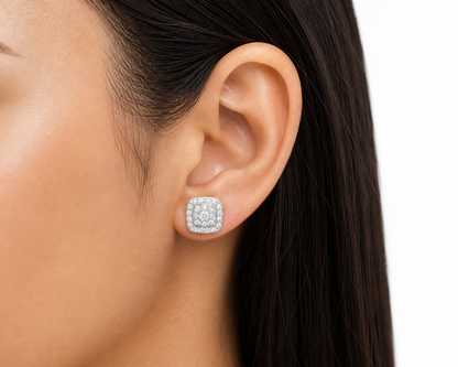 Moissanite Square Halo Stud Earrings 6.5MM Screw Back — VVS D Color GRA Certified 925 Silver