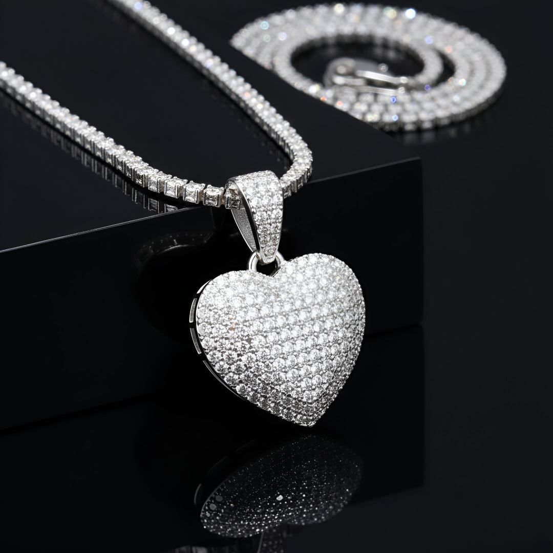 Puff Heart Charm Hip Hop Style with Diamond Cut Chain | Moissanite Diamond VVS D Color | 925 Silver | PASS DIAMOND TESTER!!!