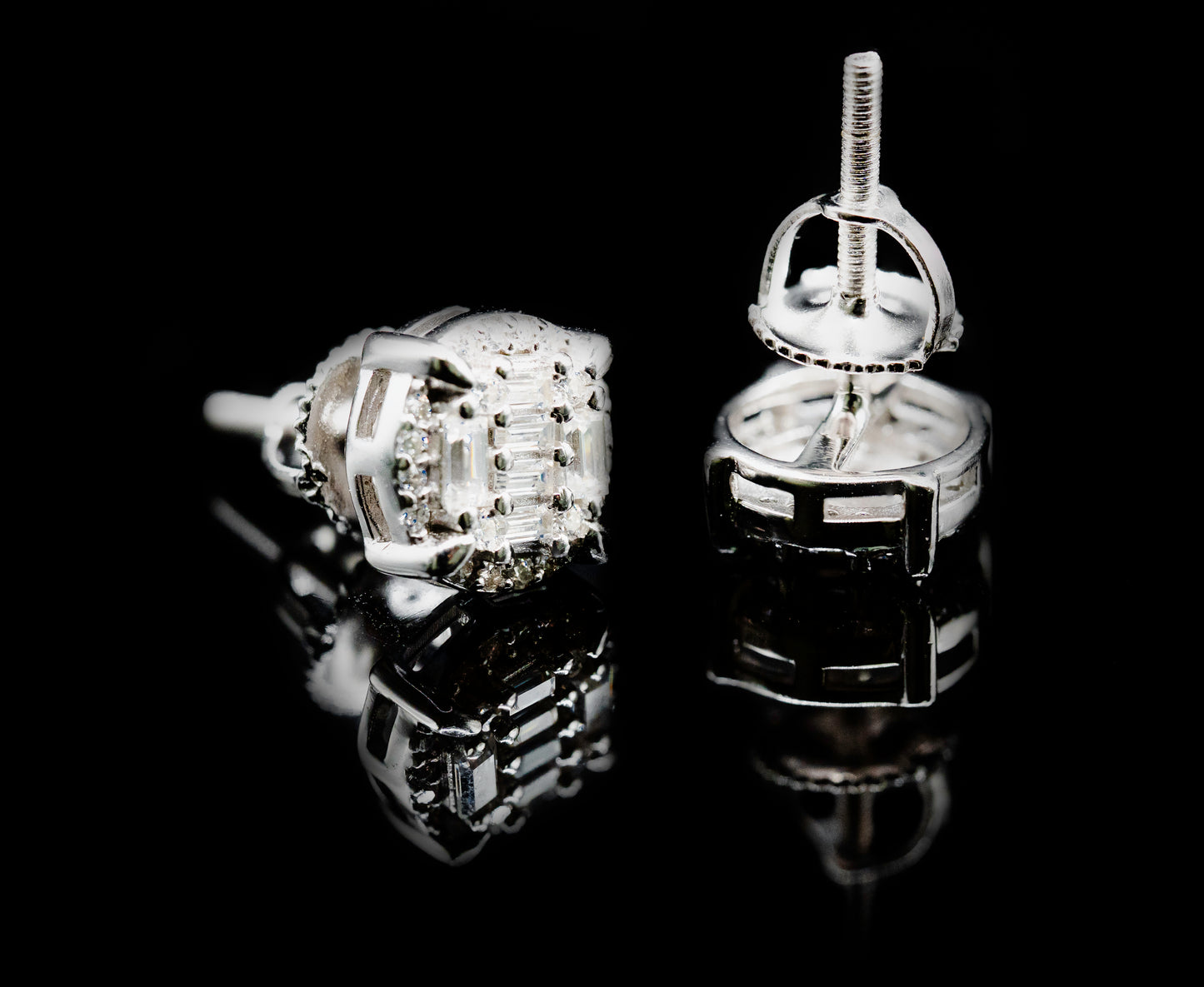 Moissanite Diamond VVS D Color Double Baguette Round Shape Halo Moissanite Earrings in 14K Gold Plated /Real Silver 925 8.5MM | PASS DIAMOND TESTER