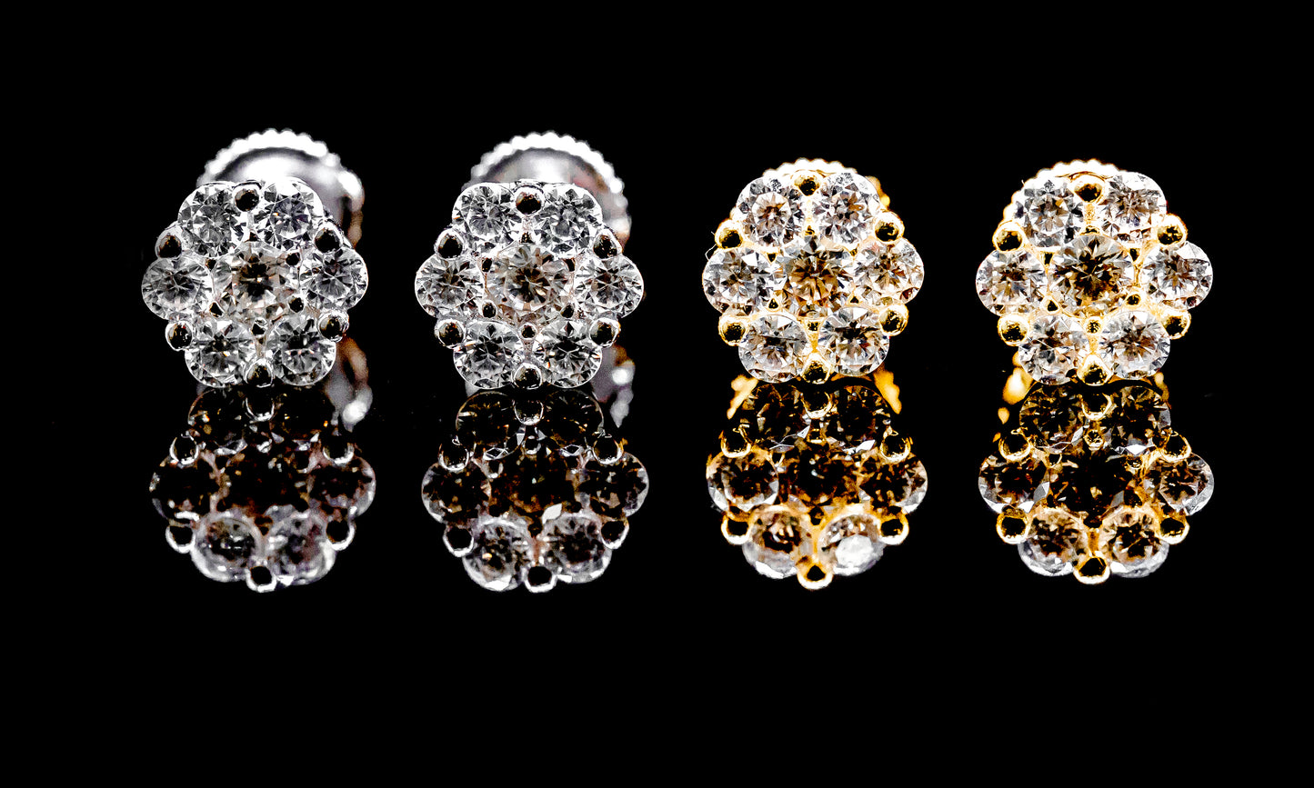 Moissanite Diamond VVS D Color Flower Cluster Iced Out Earrings 14K Gold Plated/ Real Silver 925 | 6.5MM-11MM | PASS DIAMOND TESTER!!!