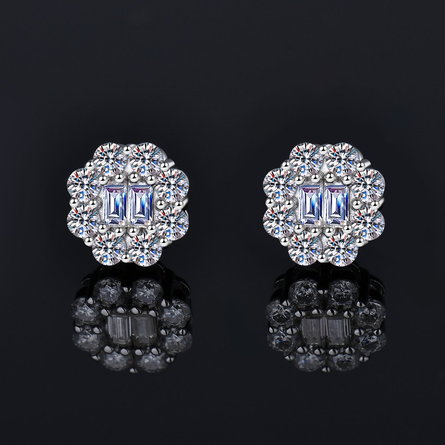 Double Baguette  Flower Shape Halo Moissanite Earrings 14K Gold Plated/ Real Silver 925 - 8MM | PASS DIAMOND TESTER!!