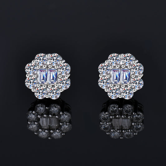 Double Baguette  Flower Shape Halo Moissanite Earrings 14K Gold Plated/ Real Silver 925 - 8MM | PASS DIAMOND TESTER!!
