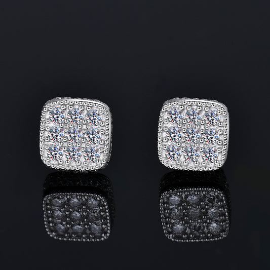 Moissanite Diamond VVS D Color Square Cluster Earrings Real Silver 925 8.5MM| PASS DIAMOND TESTER