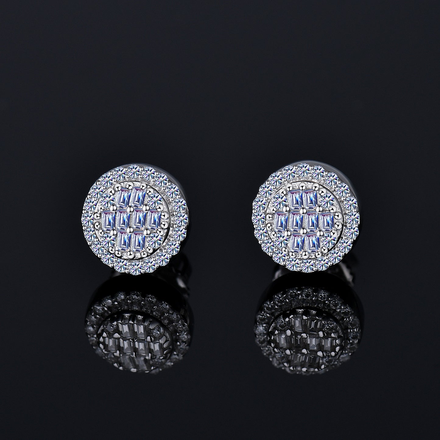  Moissanite Diamond VVS D Color Real Solid Sterling Silver 925 Round Baguette Bling Hip Hop Earrings 14K Gold Plated /Real Silver 925 7MM | PASS DIAMOND TESTER