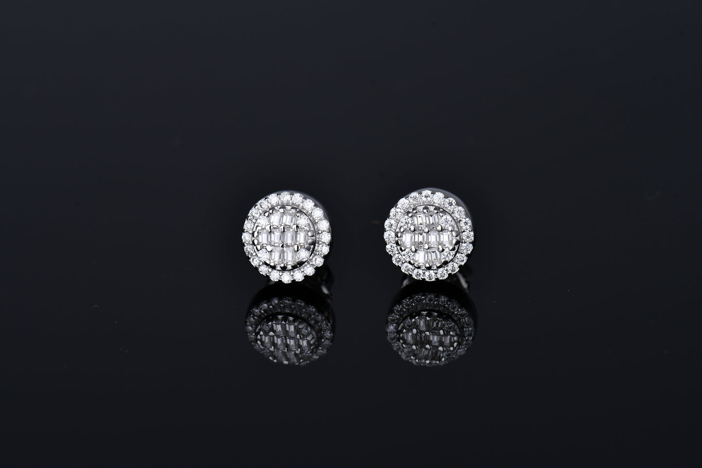  Moissanite Diamond VVS D Color Real Solid Sterling Silver 925 Round Baguette Bling Hip Hop Earrings 14K Gold Plated /Real Silver 925 7MM | PASS DIAMOND TESTER