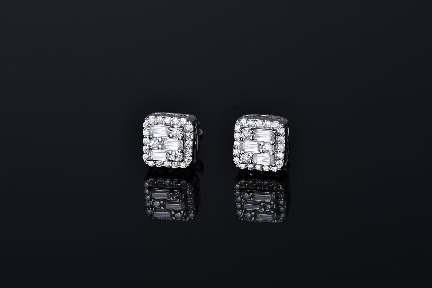 Moissanite Diamond VVS D Color Real Solid Sterling Silver 925 Triple Baguette Halo Moissanite Earrings 14K Gold Plated /Real Silver 925 7.5MM | PASS DIAMOND TESTER