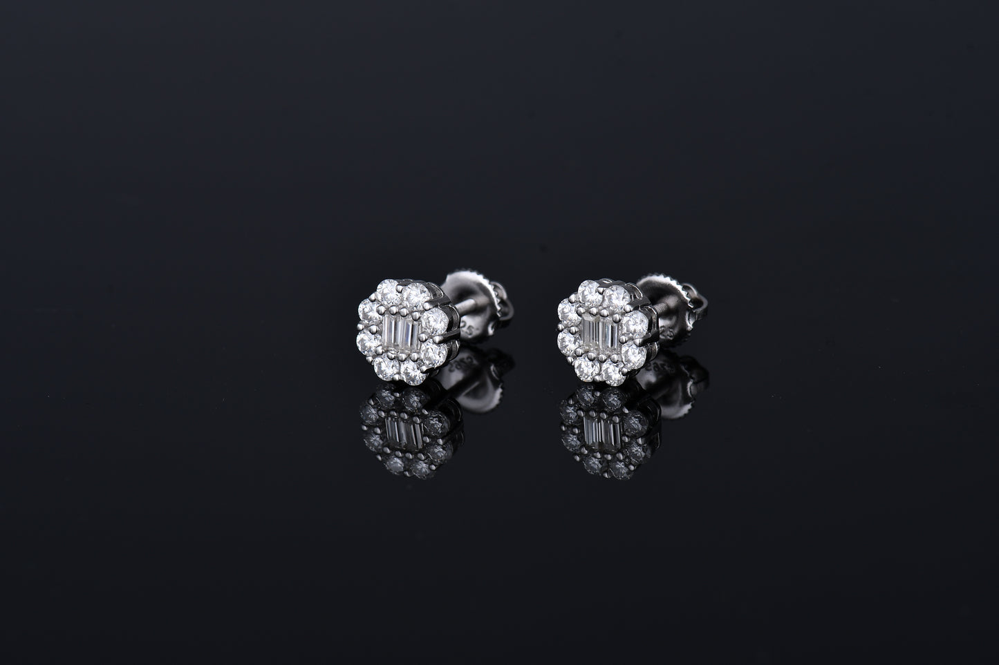 Double Baguette  Flower Shape Halo Moissanite Earrings 14K Gold Plated/ Real Silver 925 - 8MM | PASS DIAMOND TESTER!!