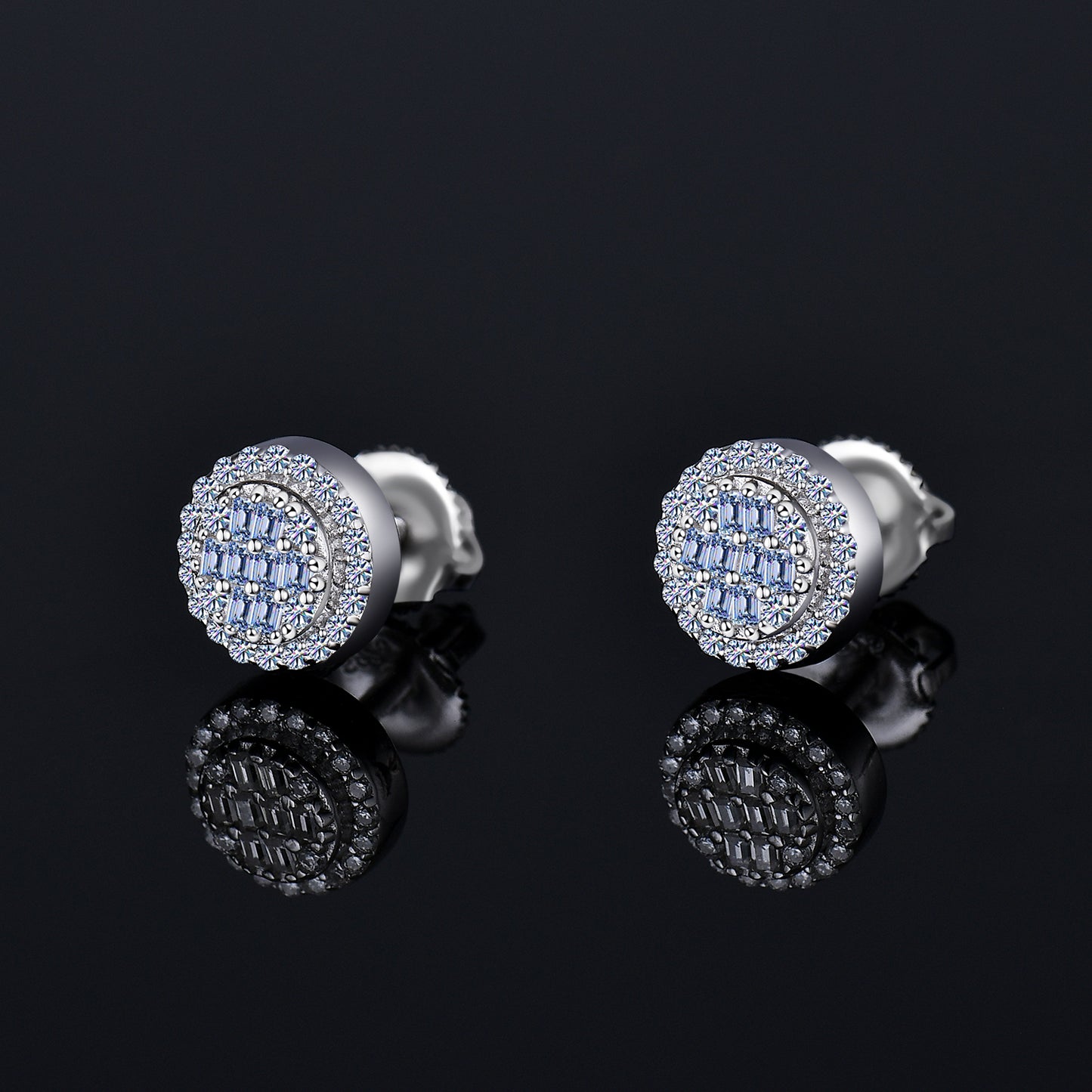  Moissanite Diamond VVS D Color Real Solid Sterling Silver 925 Round Baguette Bling Hip Hop Earrings 14K Gold Plated /Real Silver 925 7MM | PASS DIAMOND TESTER