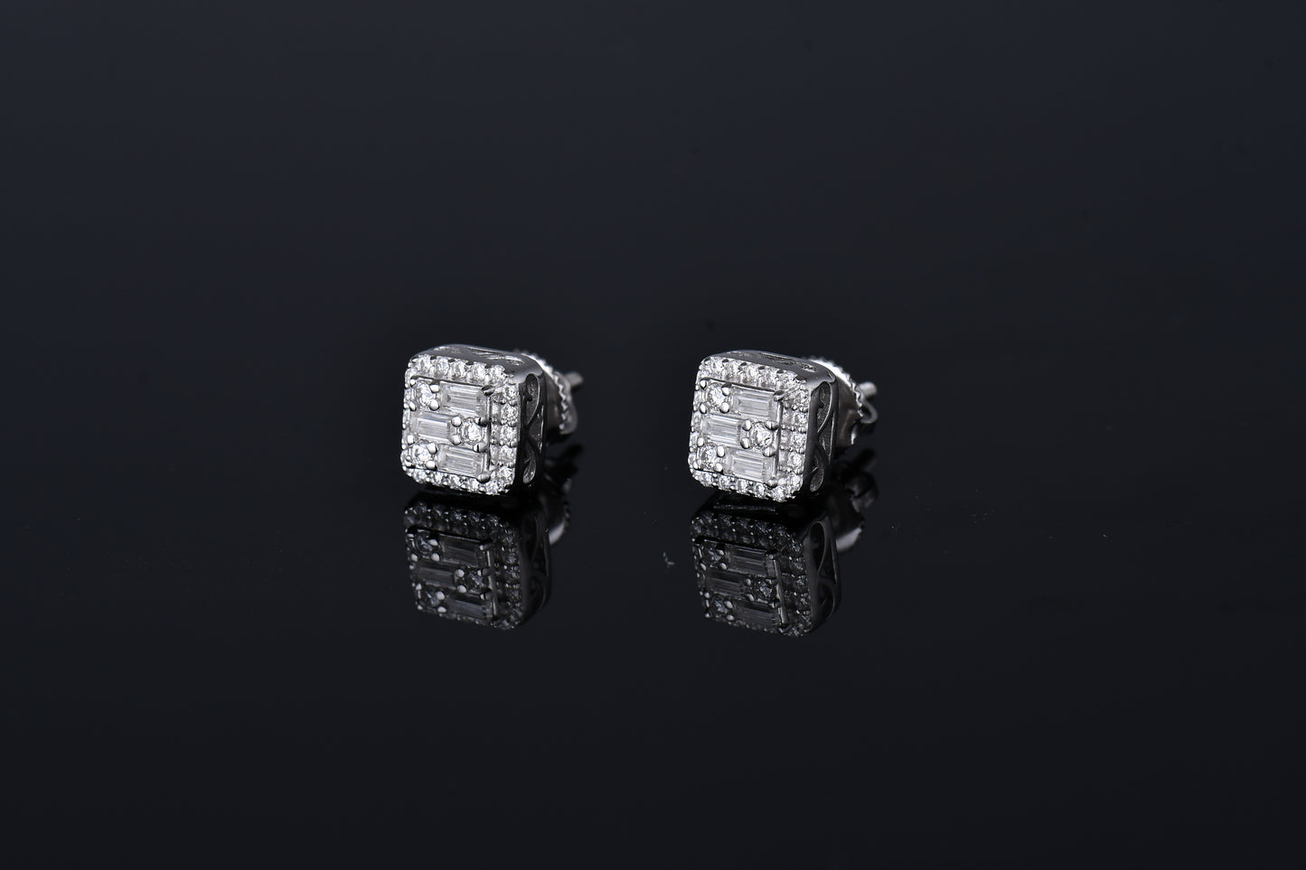 Moissanite Diamond VVS D Color Real Solid Sterling Silver 925 Triple Baguette Halo Moissanite Earrings 14K Gold Plated /Real Silver 925 7.5MM | PASS DIAMOND TESTER