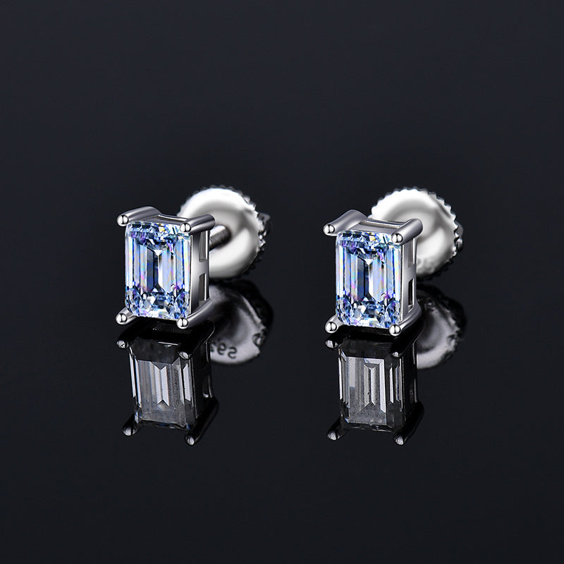 Moissanite Diamond VVS D Color Real Solid Sterling Silver 925 Emerald Cut Stud Earrings | 5MM - 6MM | PASS DIAMOND TESTER