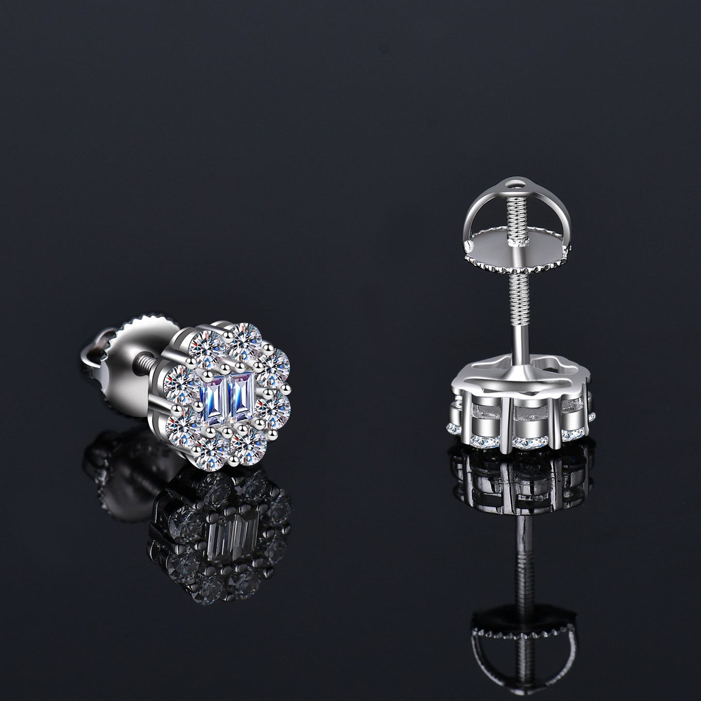 Double Baguette  Flower Shape Halo Moissanite Earrings 14K Gold Plated/ Real Silver 925 - 8MM | PASS DIAMOND TESTER!!