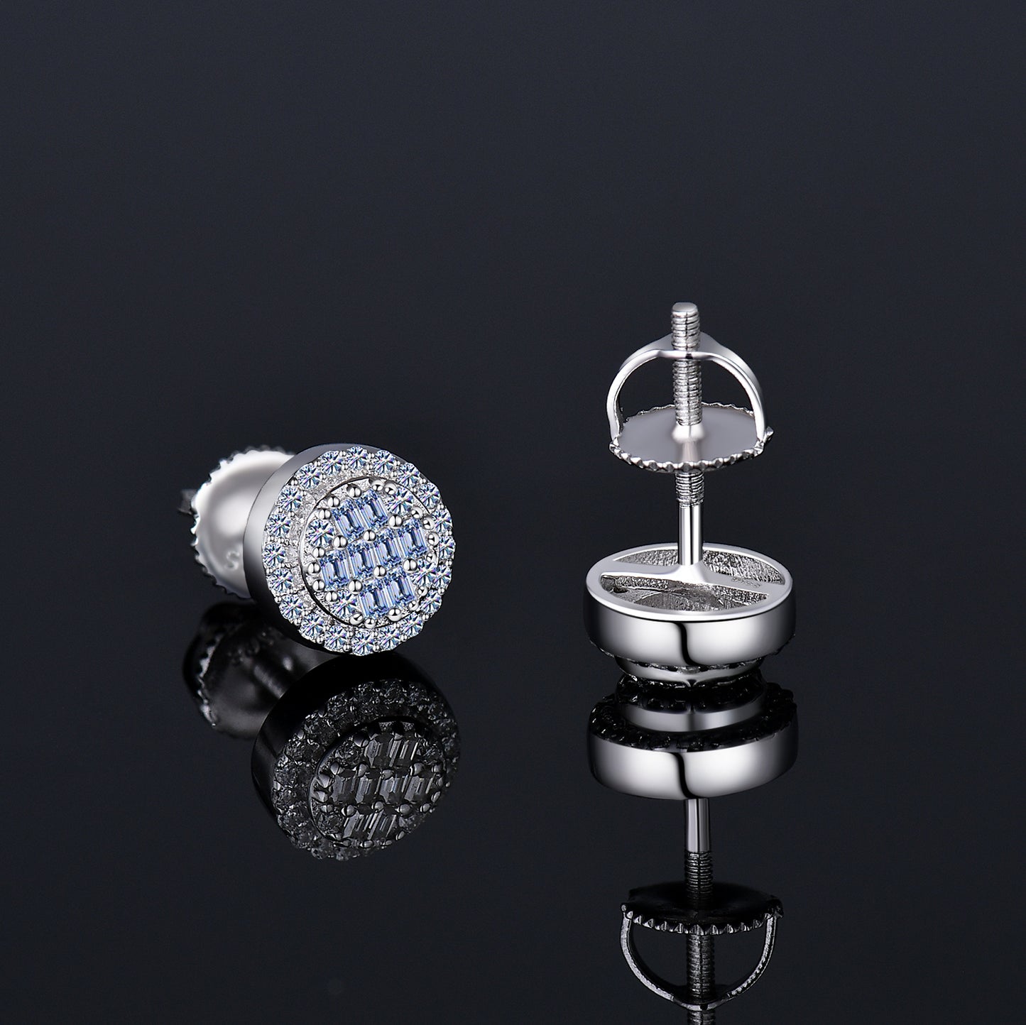  Moissanite Diamond VVS D Color Real Solid Sterling Silver 925 Round Baguette Bling Hip Hop Earrings 14K Gold Plated /Real Silver 925 7MM | PASS DIAMOND TESTER