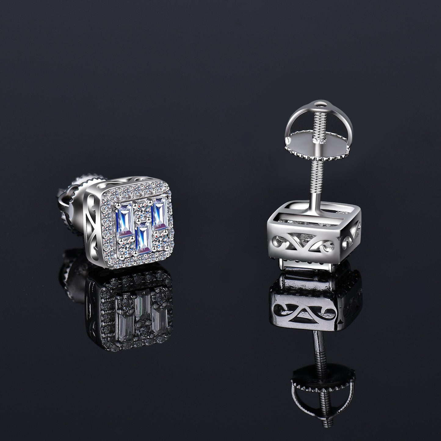 Moissanite Diamond VVS D Color Real Solid Sterling Silver 925 Triple Baguette Halo Moissanite Earrings 14K Gold Plated /Real Silver 925 7.5MM | PASS DIAMOND TESTER