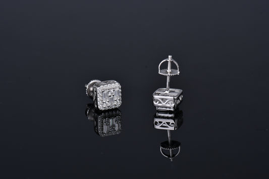 Moissanite Diamond VVS D Color Real Solid Sterling Silver 925 Triple Baguette Halo Moissanite Earrings 14K Gold Plated /Real Silver 925 7.5MM | PASS DIAMOND TESTER