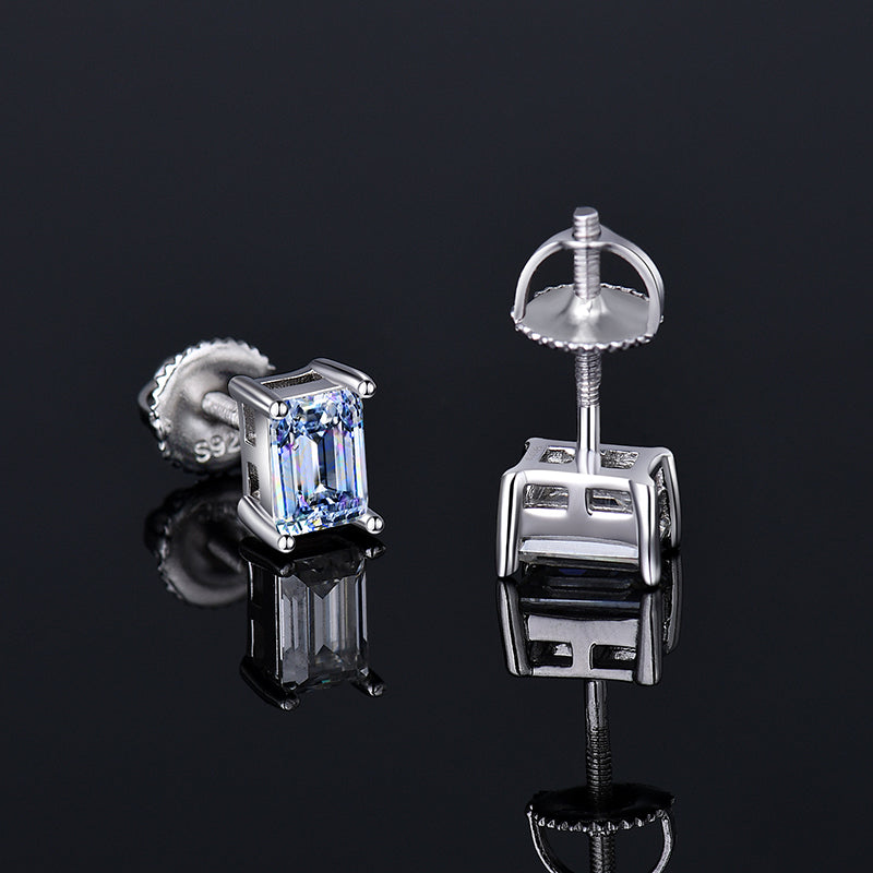 Moissanite Diamond VVS D Color Real Solid Sterling Silver 925 Emerald Cut Stud Earrings | 5MM - 6MM | PASS DIAMOND TESTER