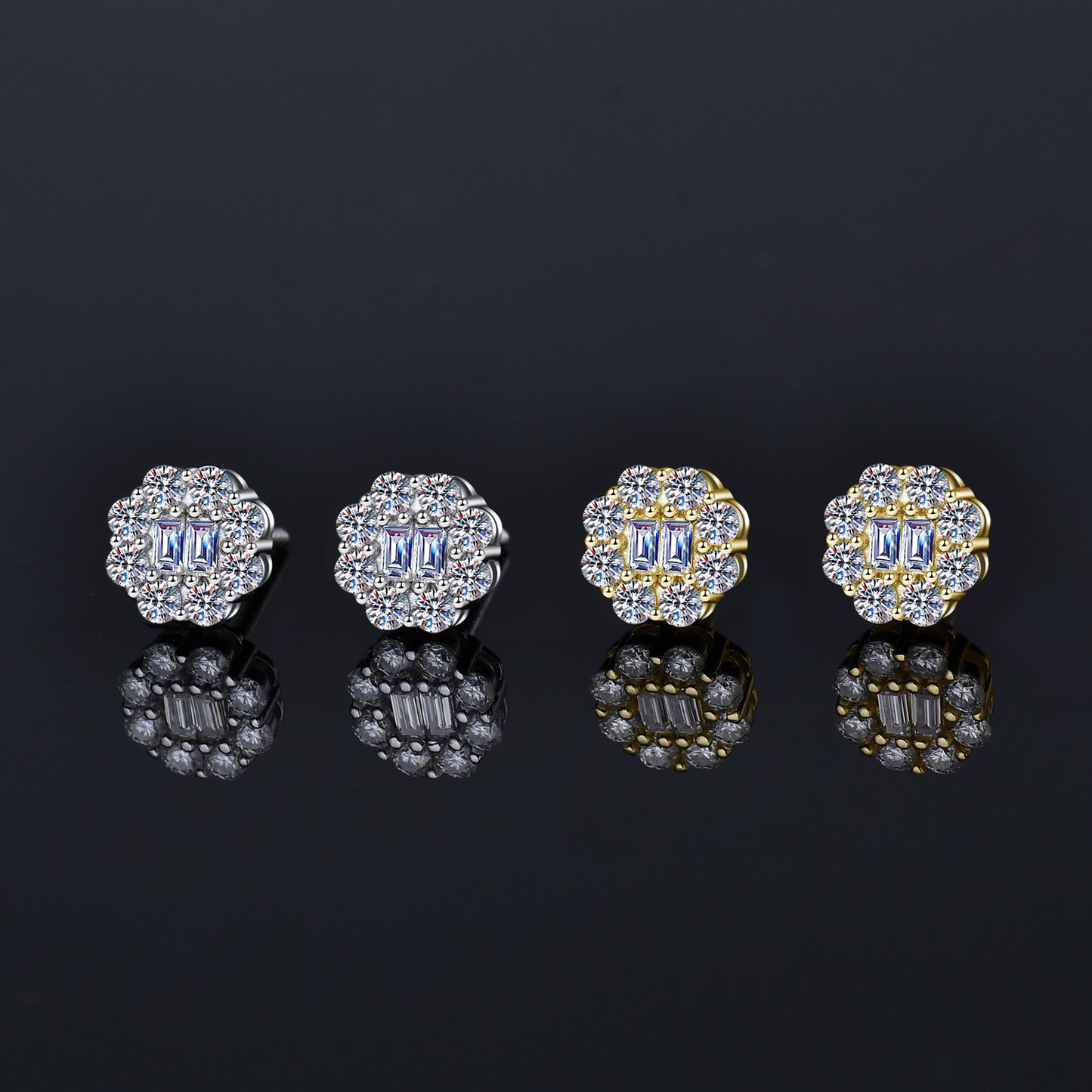 Double Baguette  Flower Shape Halo Moissanite Earrings 14K Gold Plated/ Real Silver 925 - 8MM | PASS DIAMOND TESTER!!